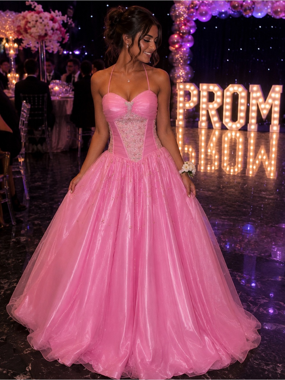 Vintage Pink Strapless Ball Gown Prom Dress